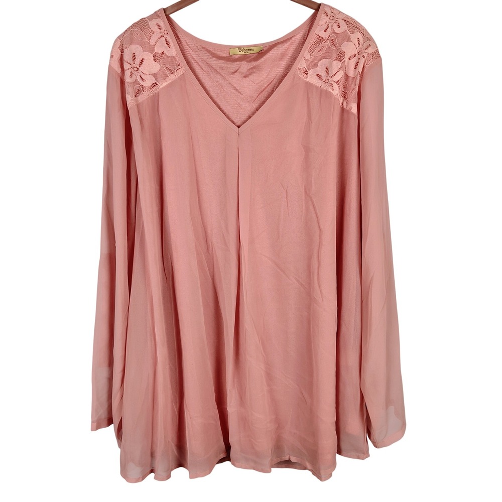 Womens XXXL Bebonnie Lace Shoulder Tunic Pink Polyester Boho Coquette Blouse